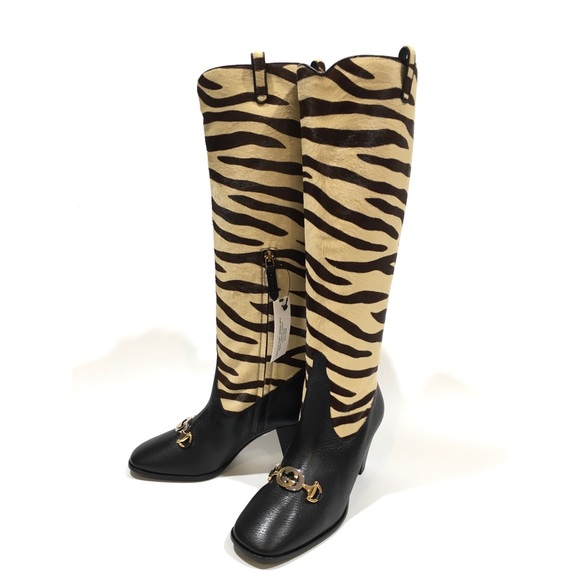 GUCCI Zumi Knee Boots Tiger Print Calf Hair -Black Leather -US 7 -NEW - Picture 7 of 11